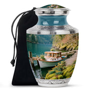 Soft Teal Boat Cremation Urn side profile showing urn shape - contemporary boat design with modern artistic flair - full-size 10 inch 200 cubic inch adult cremation urn
