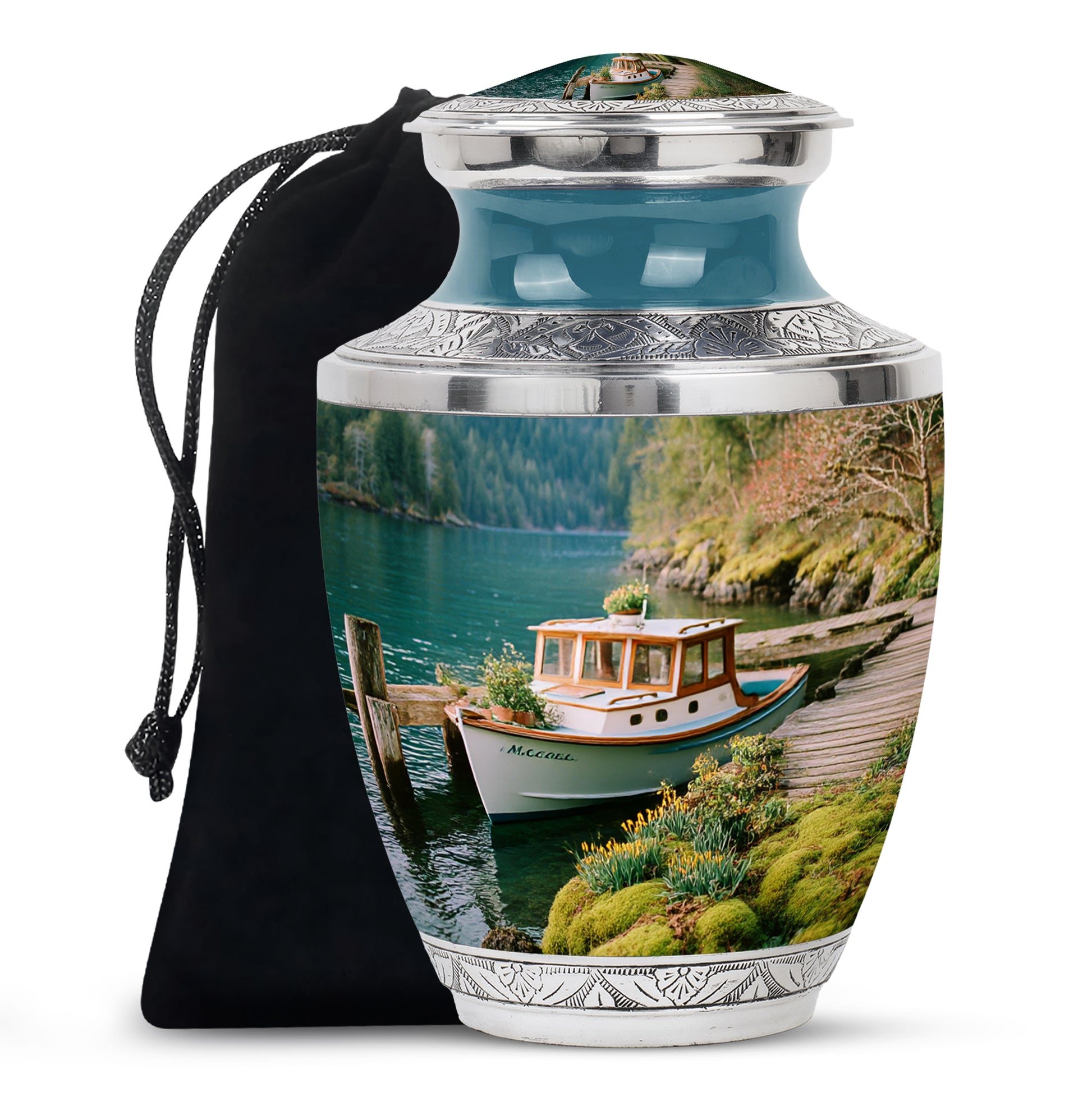 Soft Teal Boat Cremation Urn side profile showing urn shape - contemporary boat design with modern artistic flair - full-size 10 inch 200 cubic inch adult cremation urn