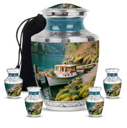 Sea Green Teal Boat Cremation Urn lifestyle display on memorial shelf - modern art-inspired boat motif on sleek aluminum - memorial set with one large and four small urns