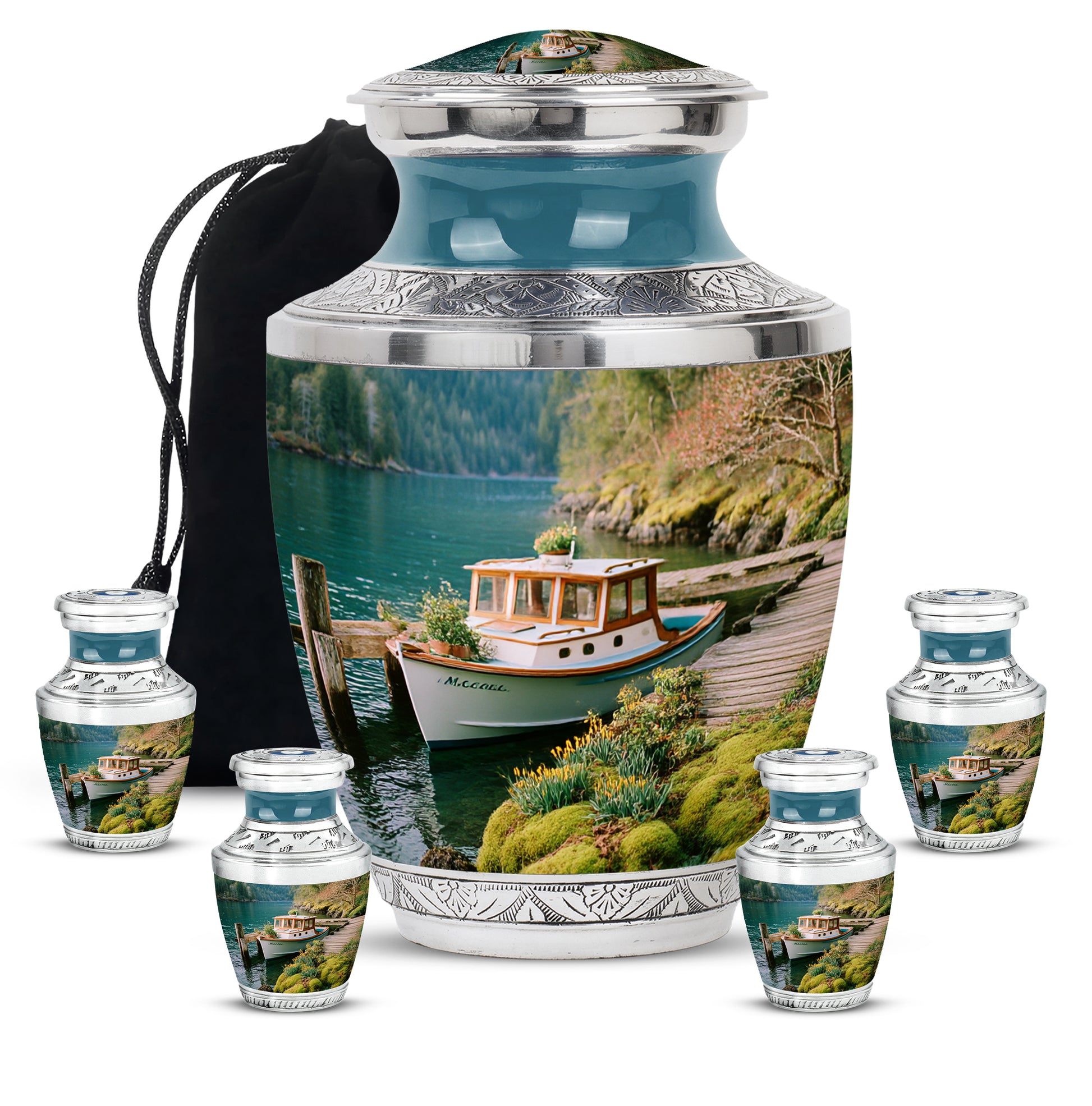 Sea Green Teal Boat Cremation Urn lifestyle display on memorial shelf - modern art-inspired boat motif on sleek aluminum - memorial set with one large and four small urns