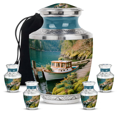 Sea Green Teal Boat Cremation Urn lifestyle display on memorial shelf - modern art-inspired boat motif on sleek aluminum - memorial set with one large and four small urns