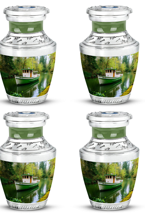 Jade Green Boat Cremation Urn back view with polished surface - modern art-inspired boat motif on sleek aluminum - 10 inch aluminum urn for cremated remains