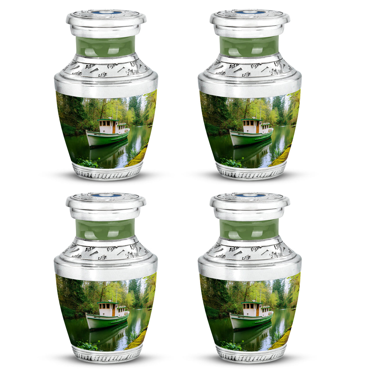 Jade Green Boat Cremation Urn back view with polished surface - modern art-inspired boat motif on sleek aluminum - 10 inch aluminum urn for cremated remains