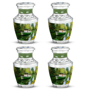Jade Green Boat Cremation Urn back view with polished surface - modern art-inspired boat motif on sleek aluminum - 10 inch aluminum urn for cremated remains