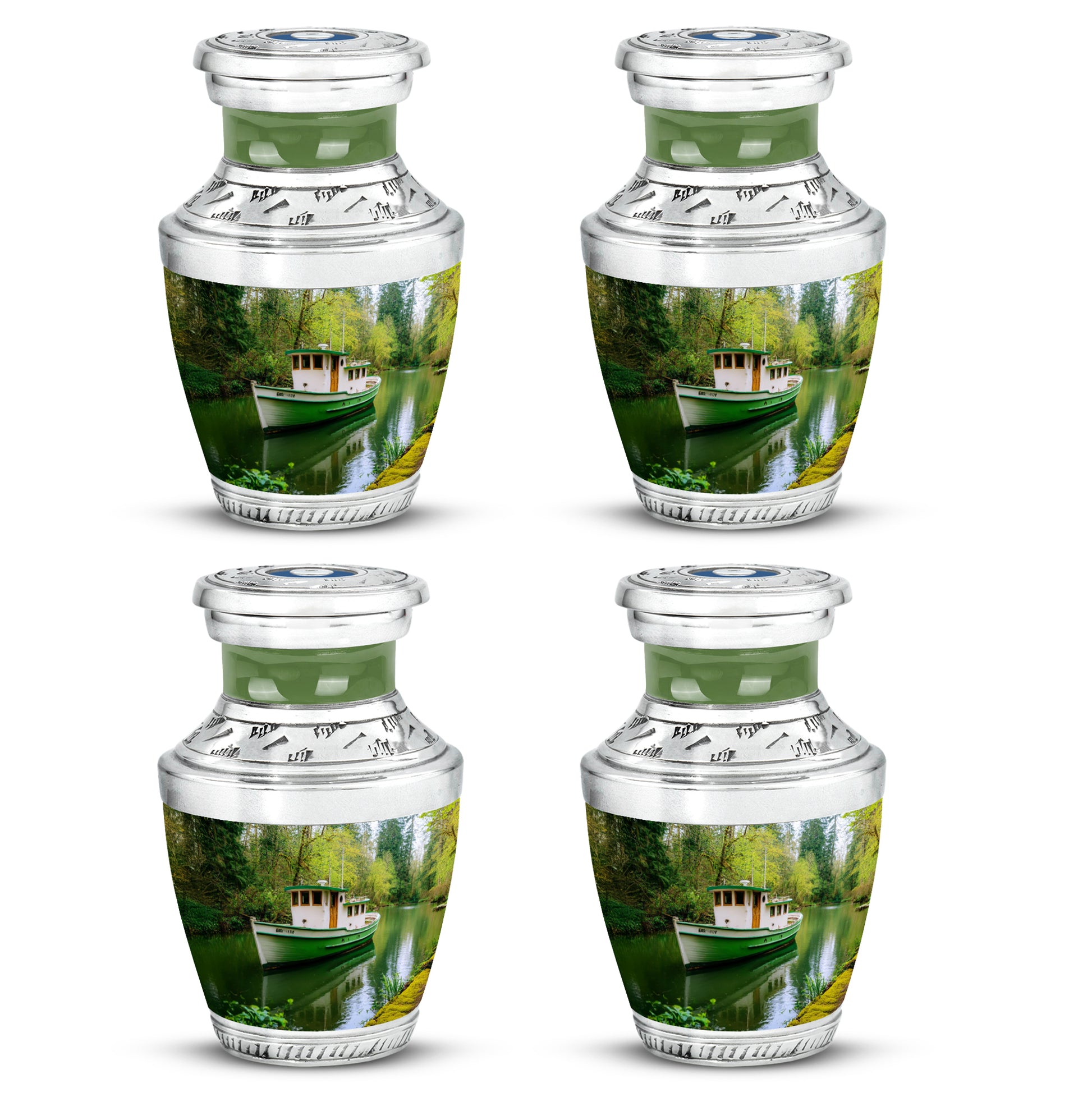 Jade Green Boat Cremation Urn back view with polished surface - modern art-inspired boat motif on sleek aluminum - 10 inch aluminum urn for cremated remains