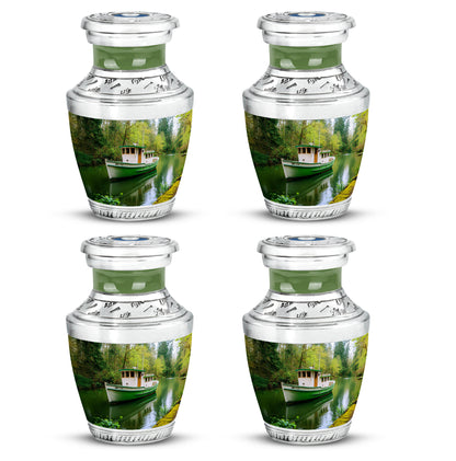 Jade Green Boat Cremation Urn back view with polished surface - modern art-inspired boat motif on sleek aluminum - 10 inch aluminum urn for cremated remains