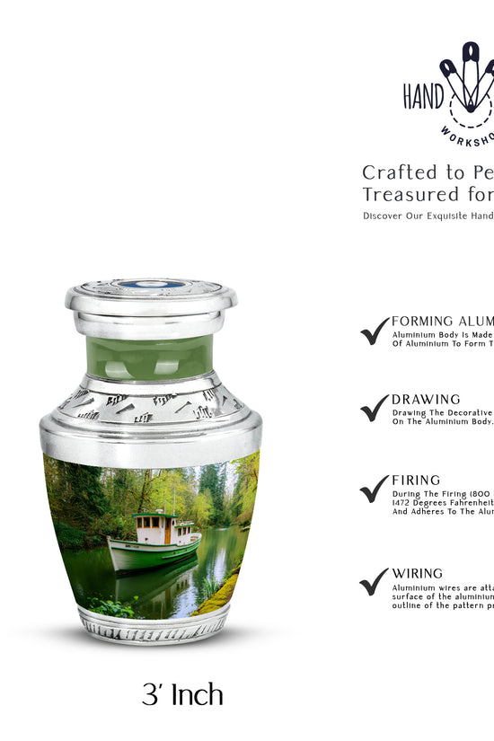Pine Green Boat Cremation Urn top-down view of secure threaded lid - stylized abstract boat pattern with bold lines - mini keepsake memorial for portion of cremation ashes