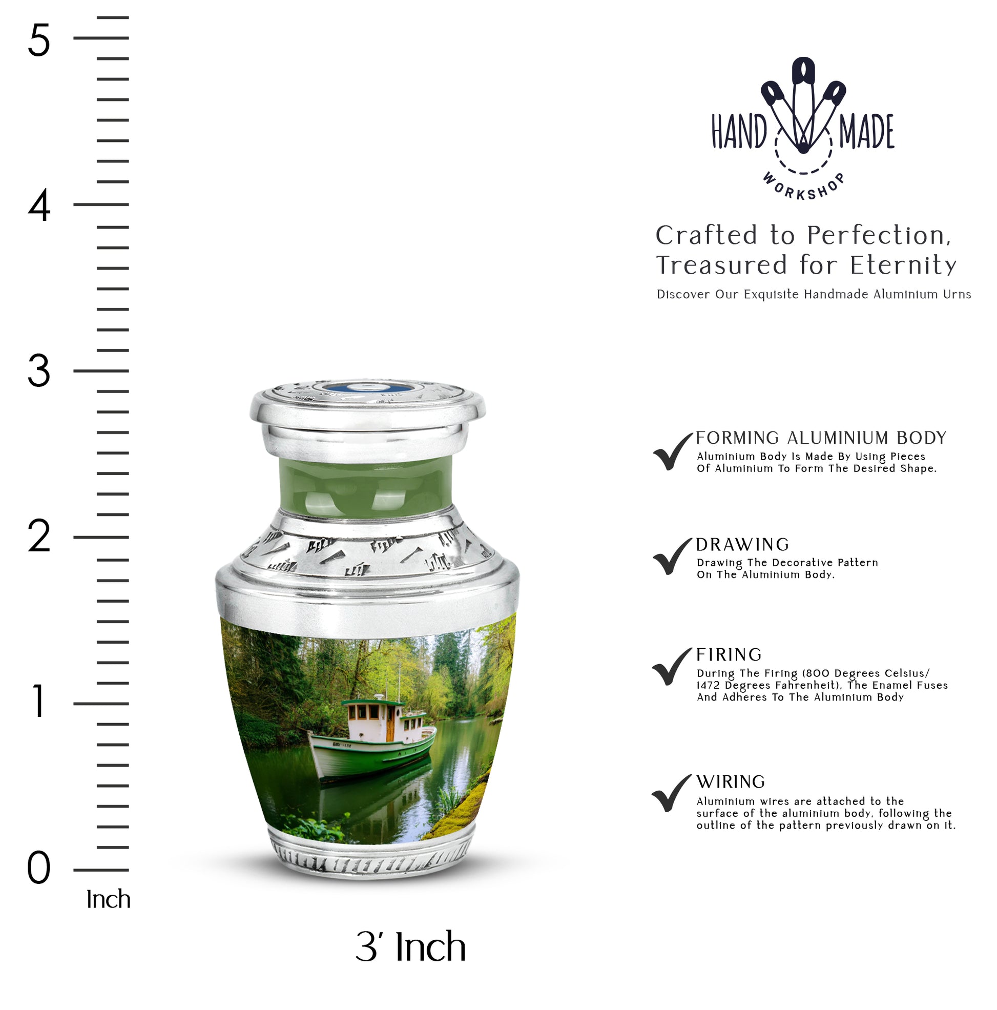Pine Green Boat Cremation Urn top-down view of secure threaded lid - stylized abstract boat pattern with bold lines - mini keepsake memorial for portion of cremation ashes