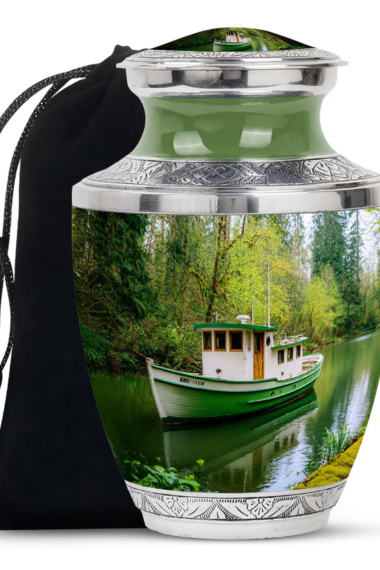 Emerald Green Boat Cremation Urn side profile showing urn shape - contemporary boat design with modern artistic flair - full-size 10 inch 200 cubic inch adult cremation urn