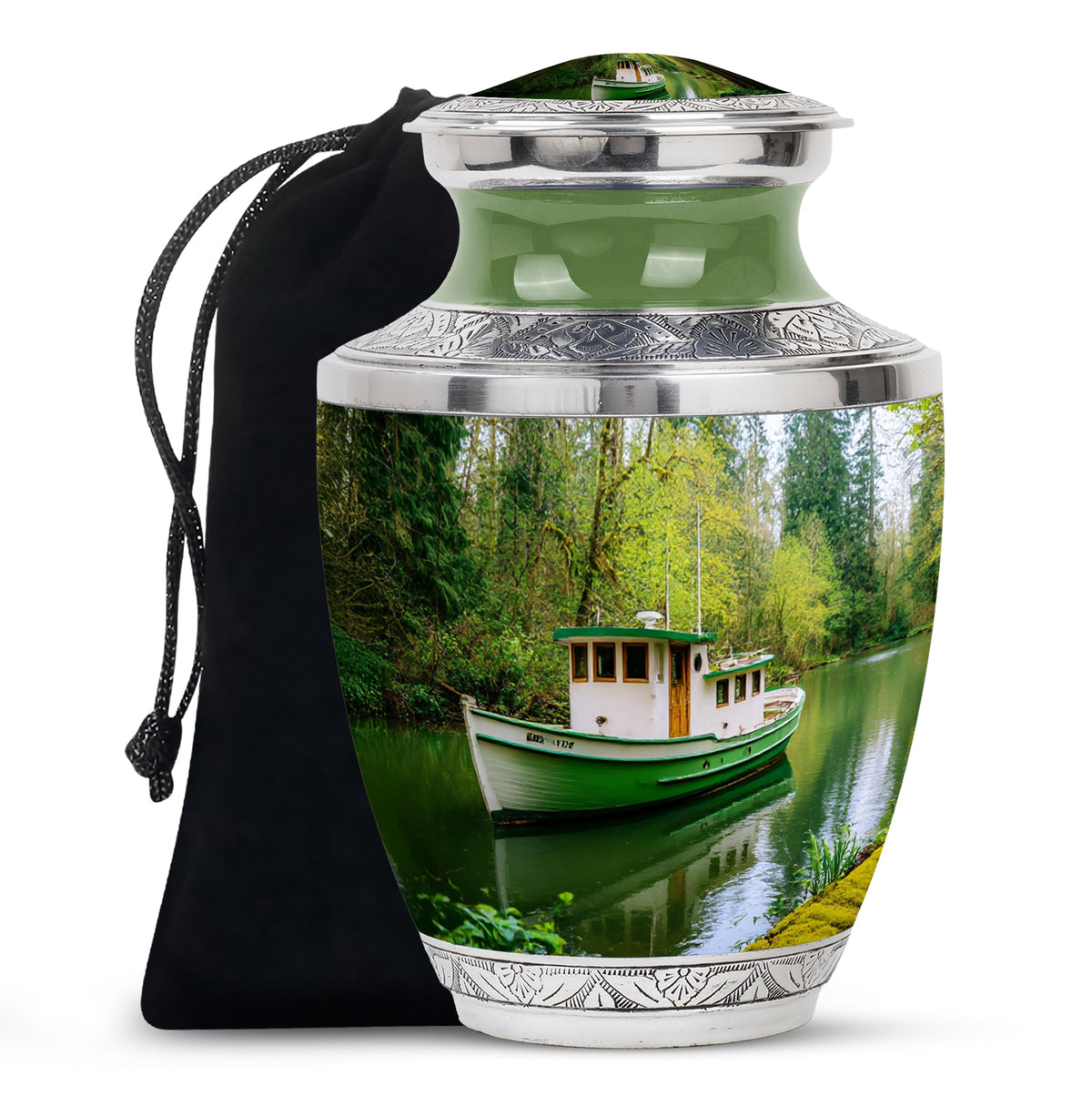 Emerald Green Boat Cremation Urn side profile showing urn shape - contemporary boat design with modern artistic flair - full-size 10 inch 200 cubic inch adult cremation urn