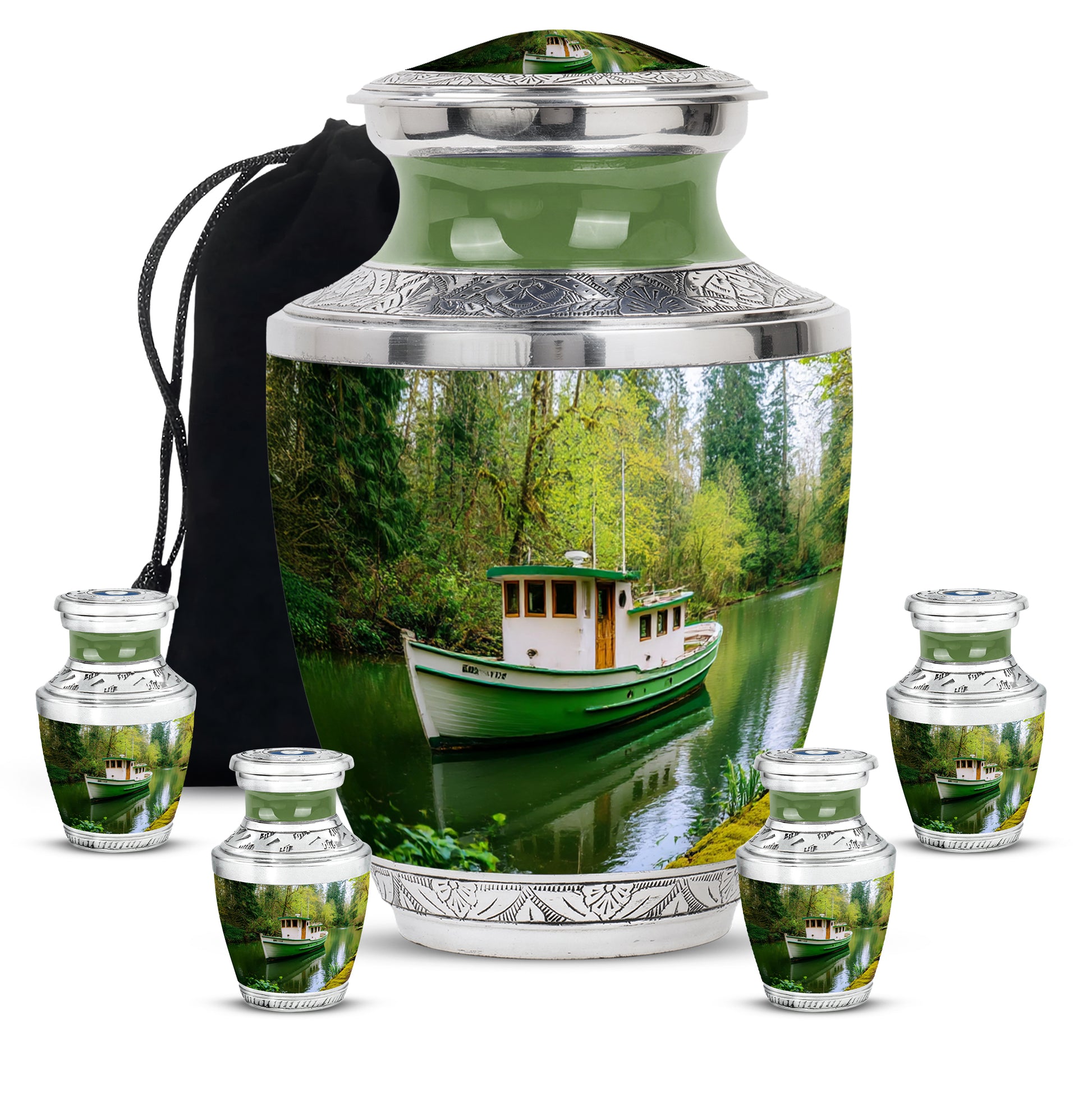 Moss Green Boat Cremation Urn lifestyle display on memorial shelf - modern art-inspired boat motif on sleek aluminum - memorial set with one large and four small urns