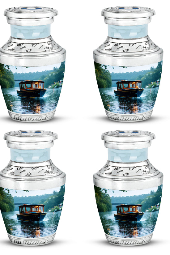 Alabaster White Boat Cremation Urn back view with polished surface - modern art-inspired boat motif on sleek aluminum - 10 inch aluminum urn for cremated remains