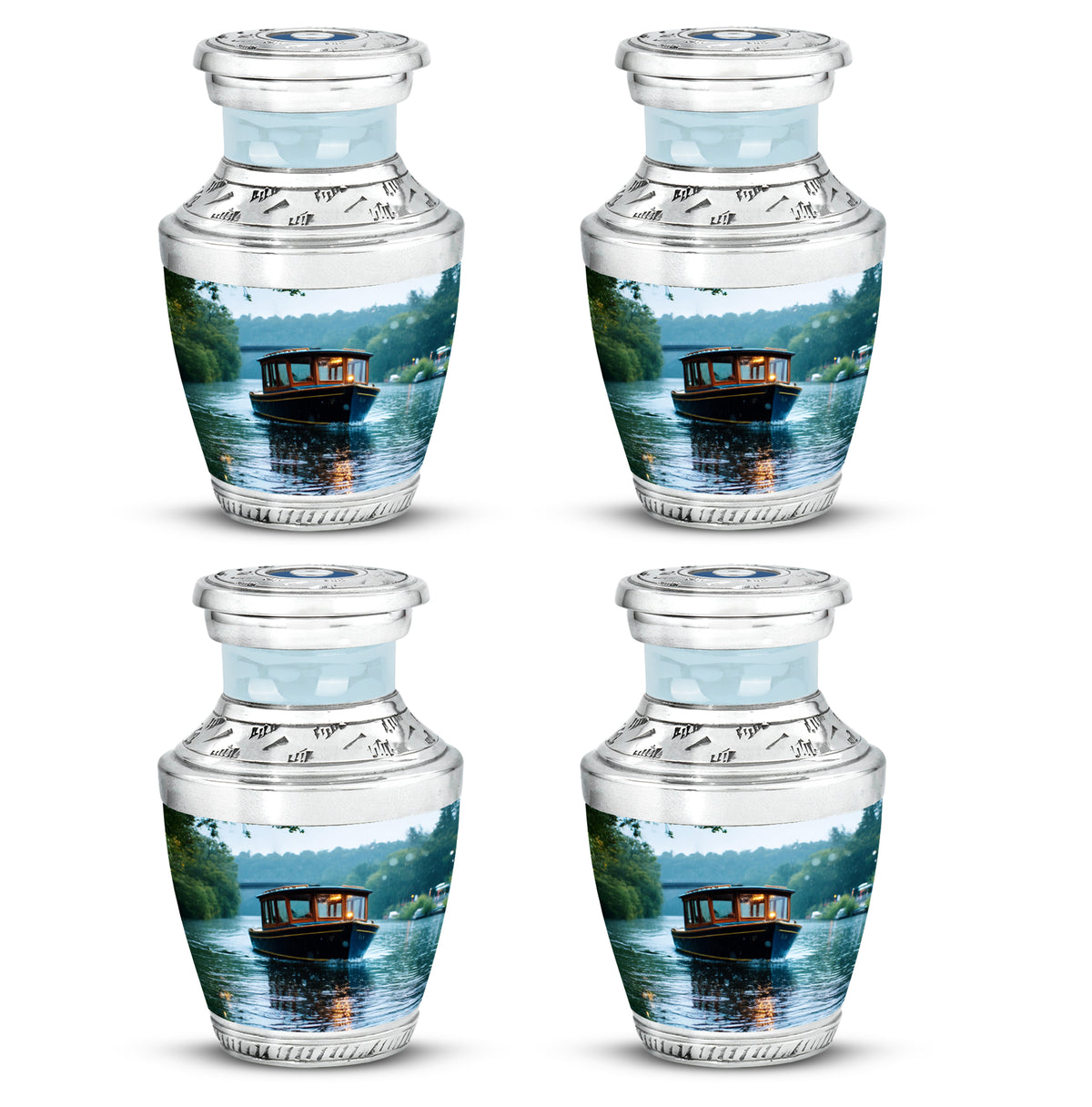 Alabaster White Boat Cremation Urn back view with polished surface - modern art-inspired boat motif on sleek aluminum - 10 inch aluminum urn for cremated remains