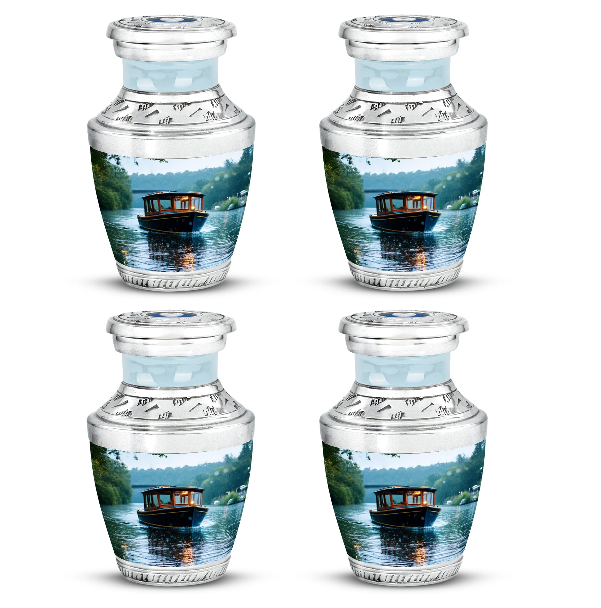 Alabaster White Boat Cremation Urn back view with polished surface - modern art-inspired boat motif on sleek aluminum - 10 inch aluminum urn for cremated remains