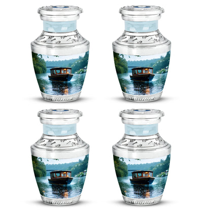 Alabaster White Boat Cremation Urn back view with polished surface - modern art-inspired boat motif on sleek aluminum - 10 inch aluminum urn for cremated remains