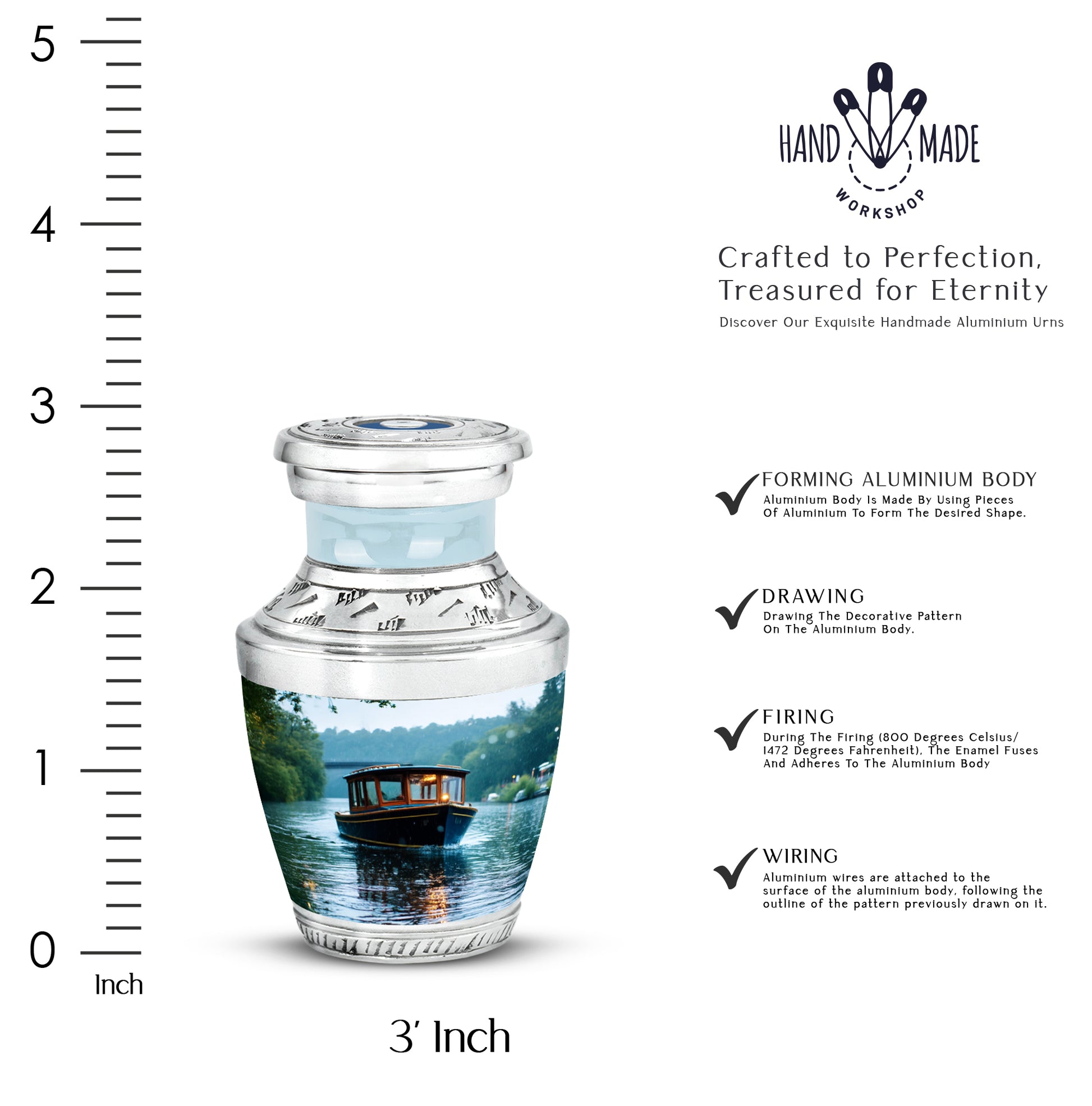 Pure White Boat Cremation Urn top-down view of secure threaded lid - modern art-inspired boat motif on sleek aluminum - mini keepsake memorial for portion of cremation ashes