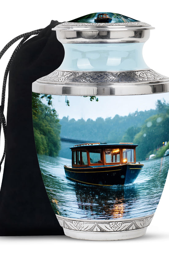 Ivory White Boat Cremation Urn side profile showing urn shape - contemporary boat design with modern artistic flair - full-size 10 inch 200 cubic inch adult cremation urn