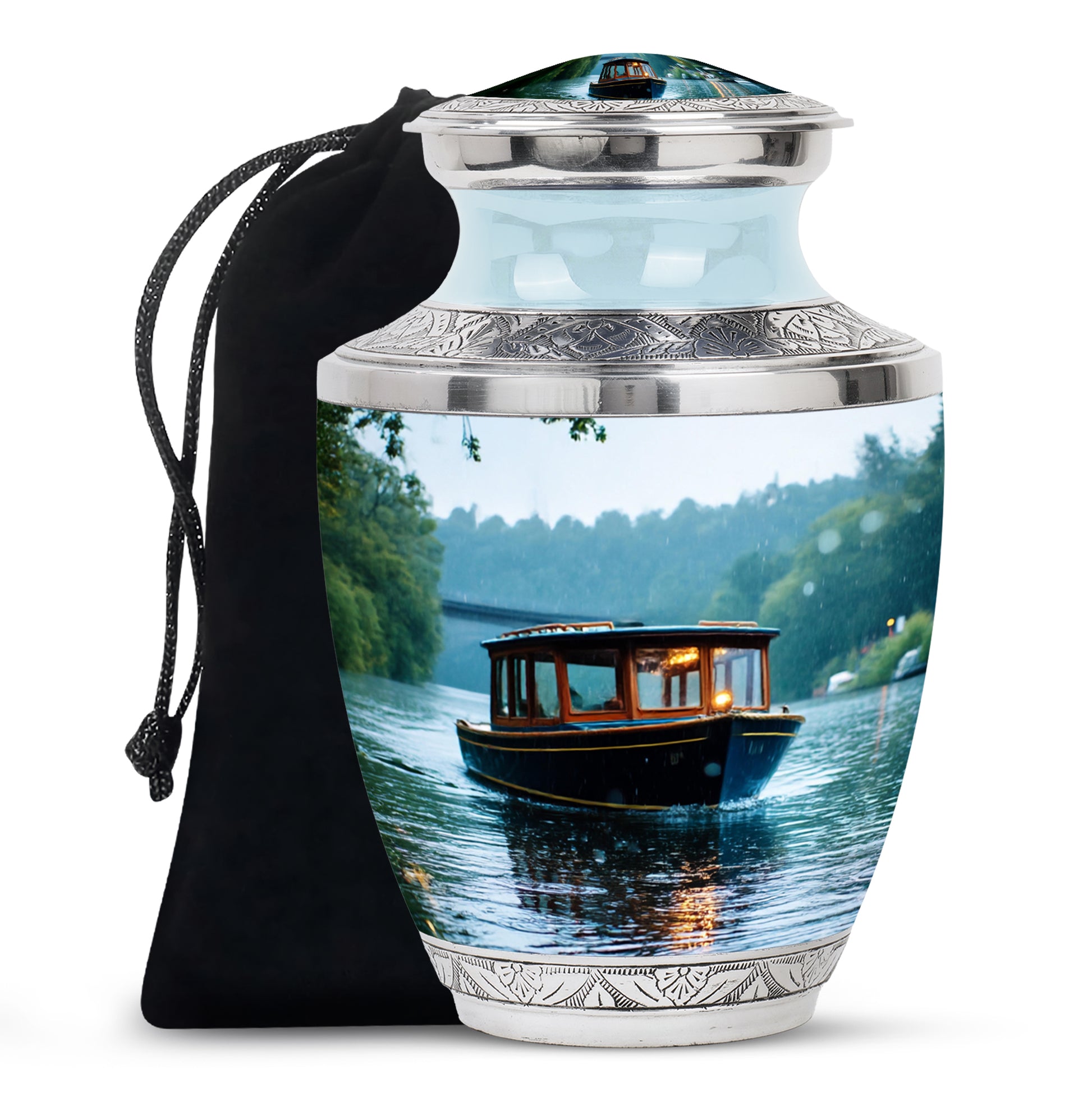 Ivory White Boat Cremation Urn side profile showing urn shape - contemporary boat design with modern artistic flair - full-size 10 inch 200 cubic inch adult cremation urn