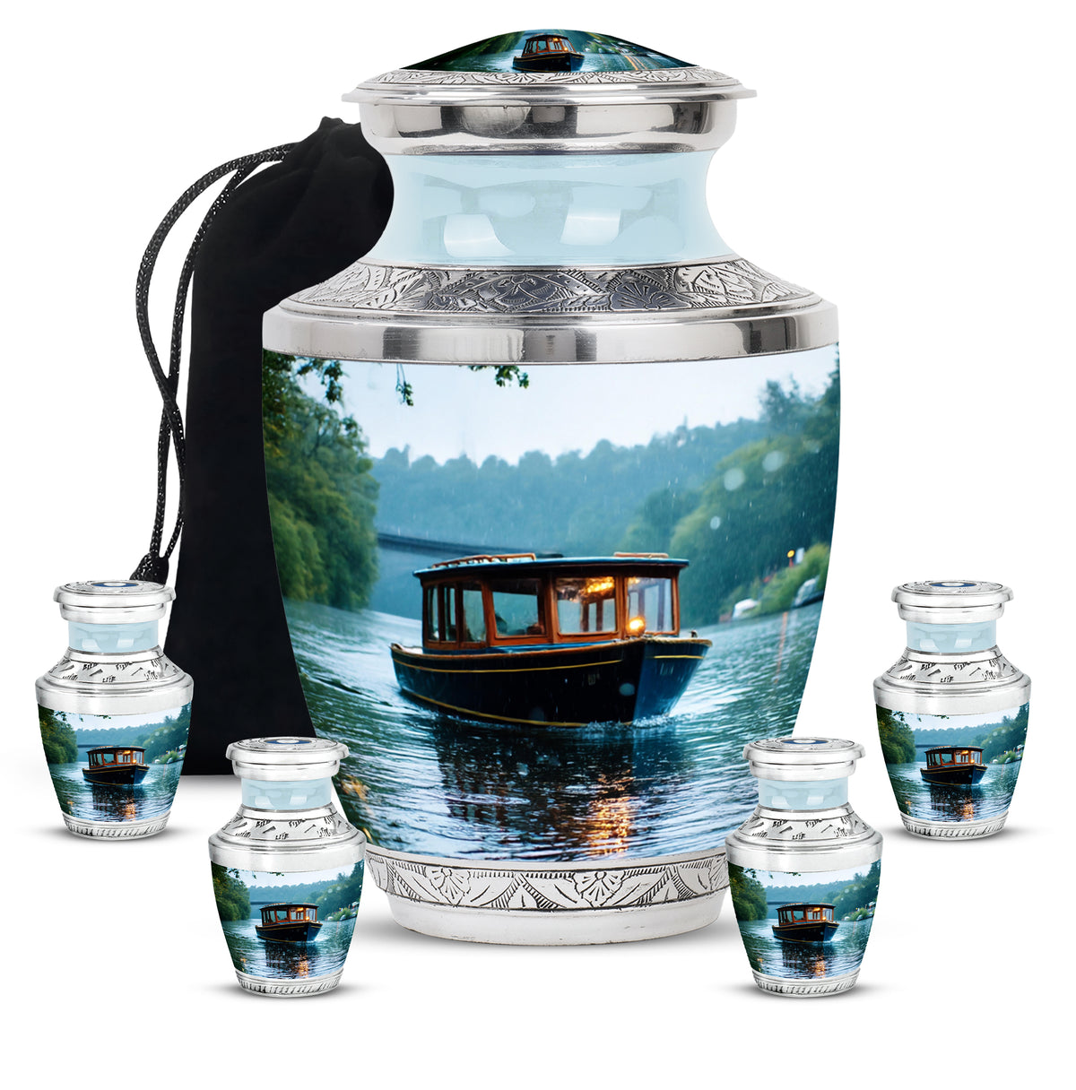 Cloud White Boat Cremation Urn lifestyle display on memorial shelf - stylized abstract boat pattern with bold lines - memorial set with one large and four small urns