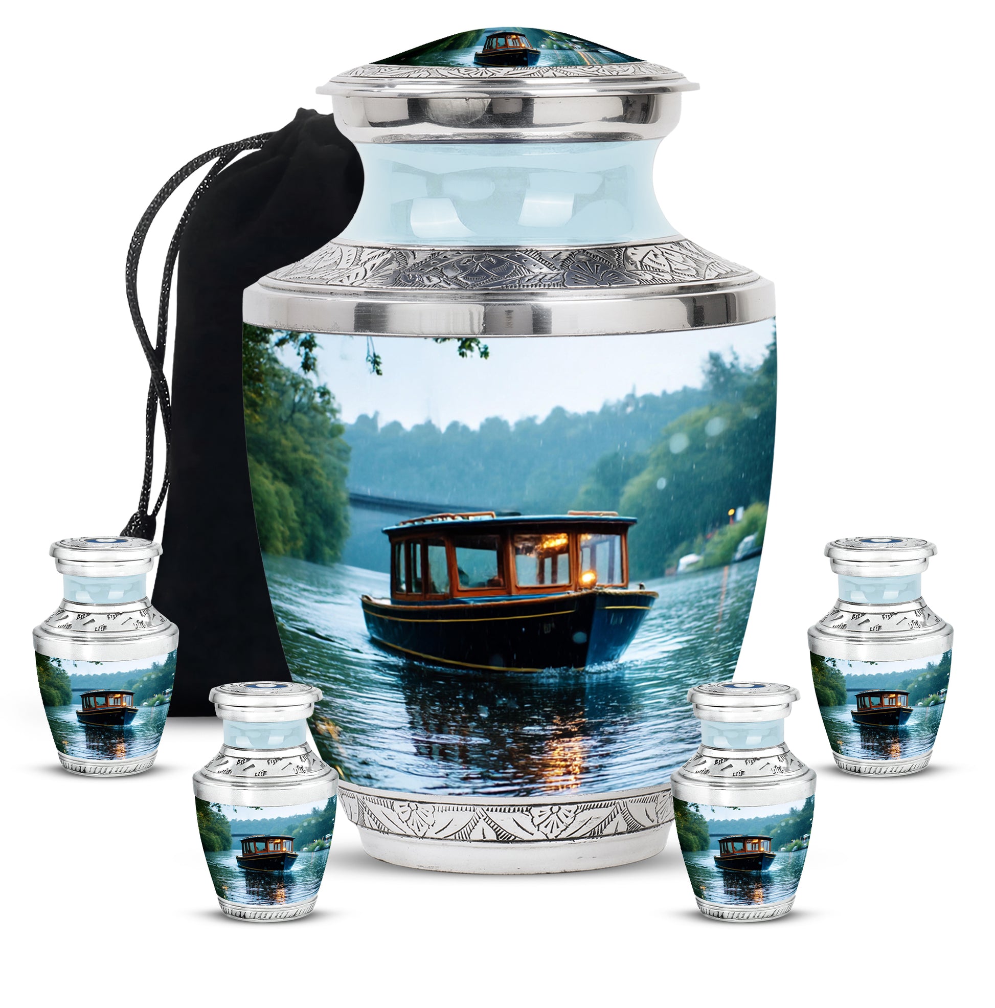 Cloud White Boat Cremation Urn lifestyle display on memorial shelf - stylized abstract boat pattern with bold lines - memorial set with one large and four small urns