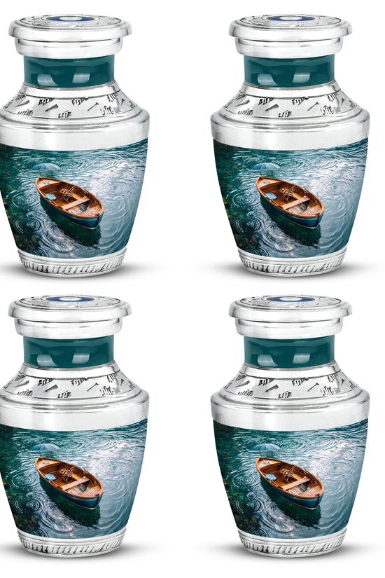 Deep Teal Boat Cremation Urn back view with polished surface - artistic boat interpretation with creative detail - 10 inch aluminum urn for cremated remains