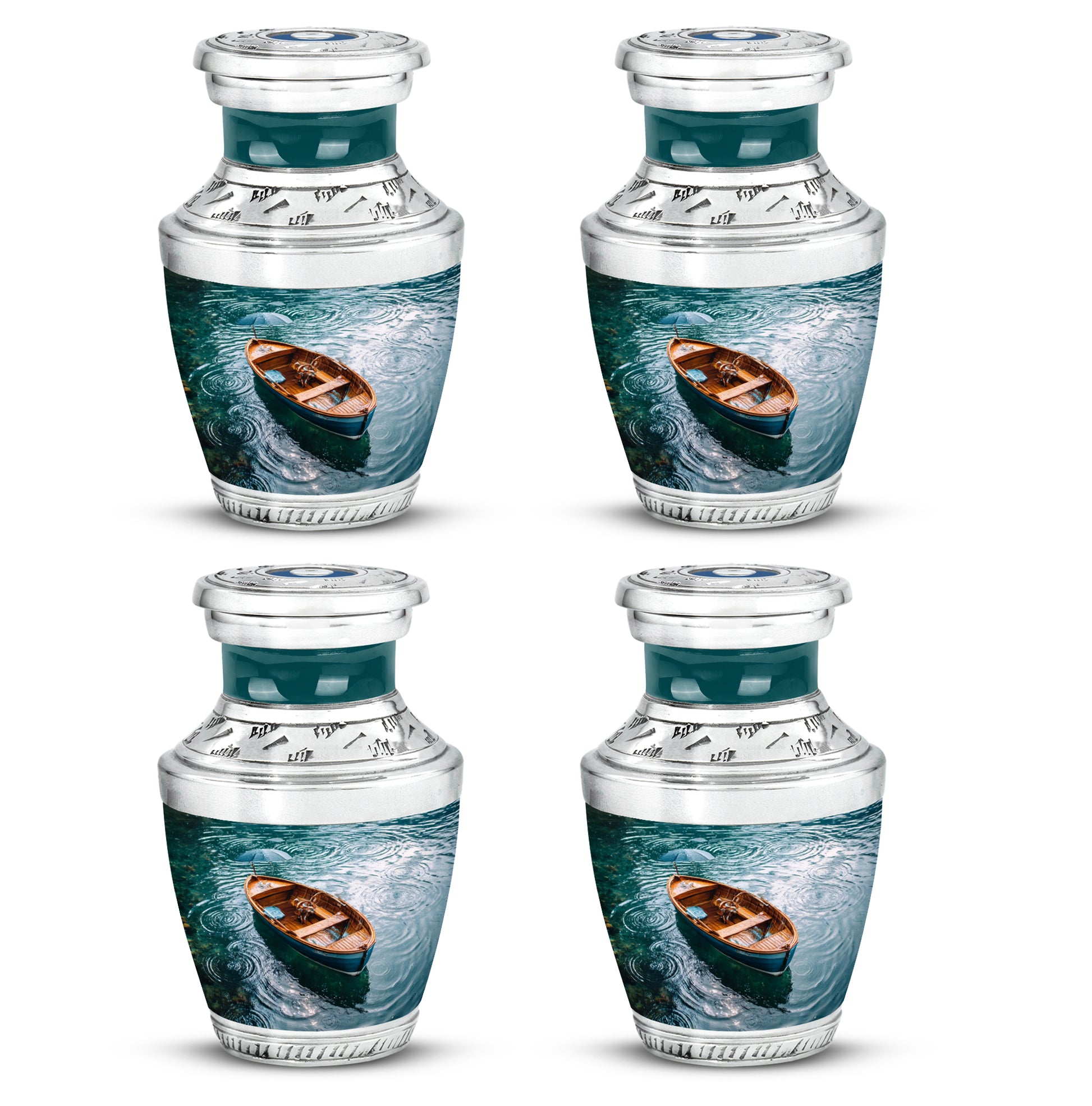 Deep Teal Boat Cremation Urn back view with polished surface - artistic boat interpretation with creative detail - 10 inch aluminum urn for cremated remains