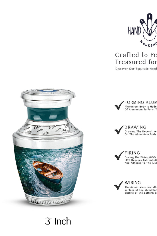 Mystic Teal Boat Cremation Urn top-down view of secure threaded lid - artistic boat interpretation with creative detail - mini keepsake memorial for portion of cremation ashes