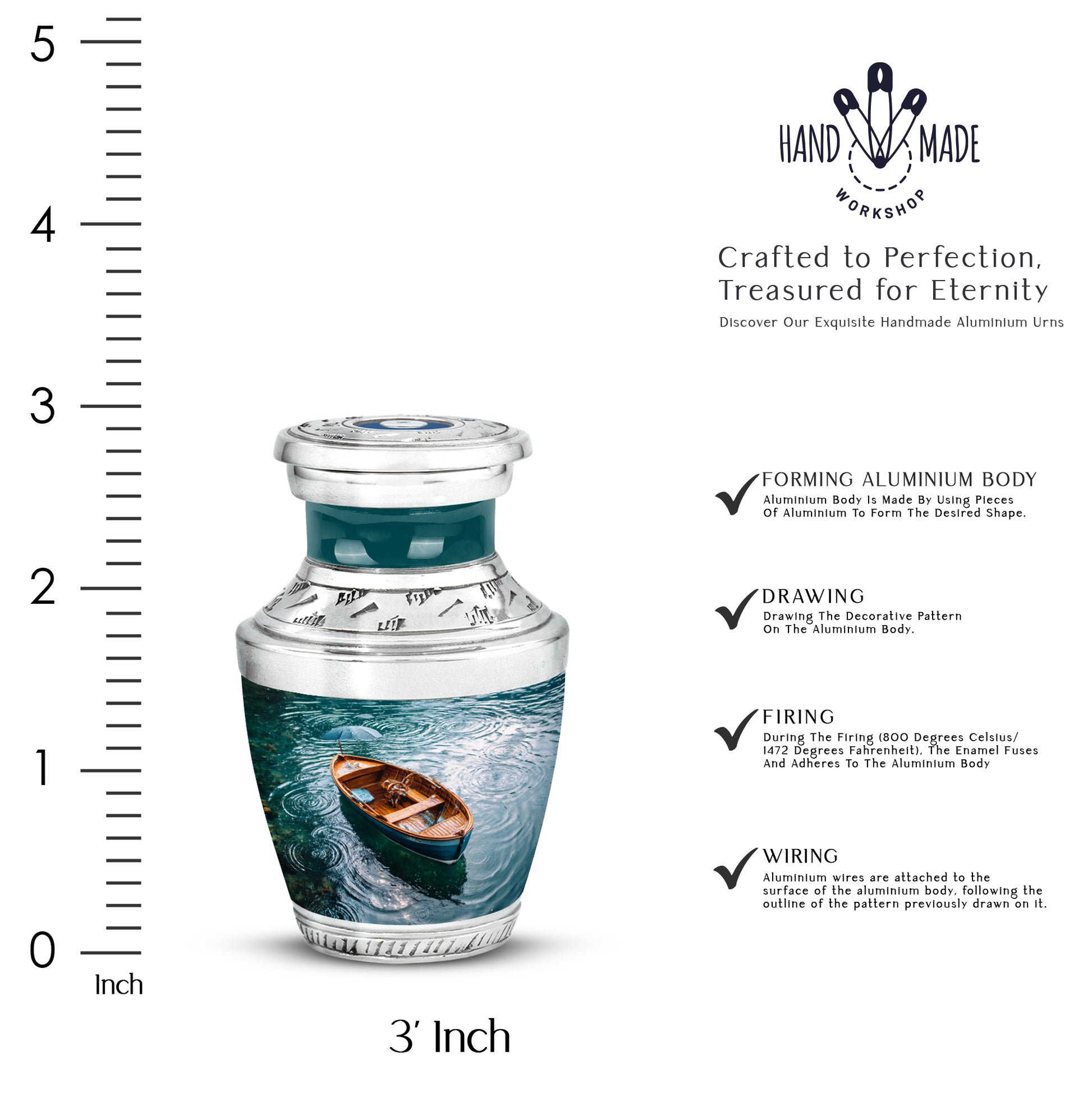 Mystic Teal Boat Cremation Urn top-down view of secure threaded lid - artistic boat interpretation with creative detail - mini keepsake memorial for portion of cremation ashes