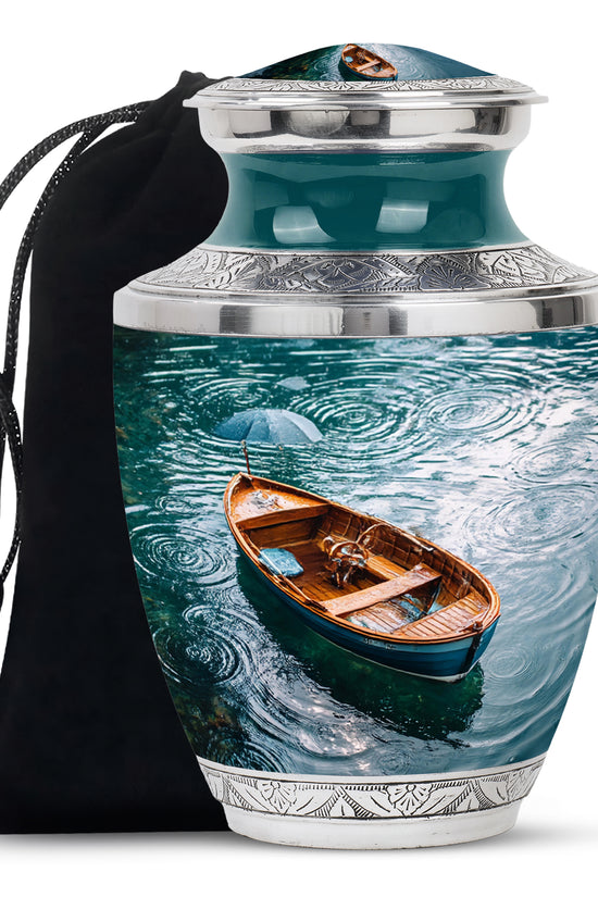 Ocean Teal Boat Cremation Urn side profile showing urn shape - contemporary boat design with modern artistic flair - full-size 10 inch 200 cubic inch adult cremation urn