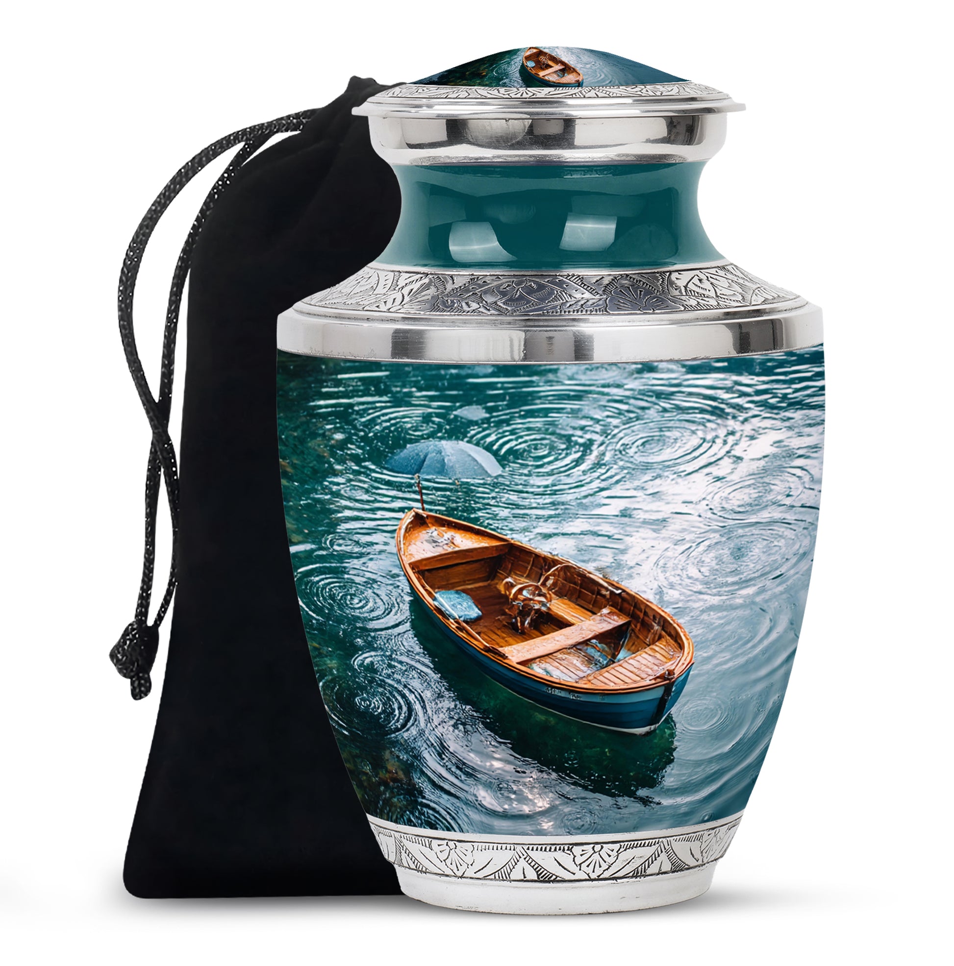 Ocean Teal Boat Cremation Urn side profile showing urn shape - contemporary boat design with modern artistic flair - full-size 10 inch 200 cubic inch adult cremation urn