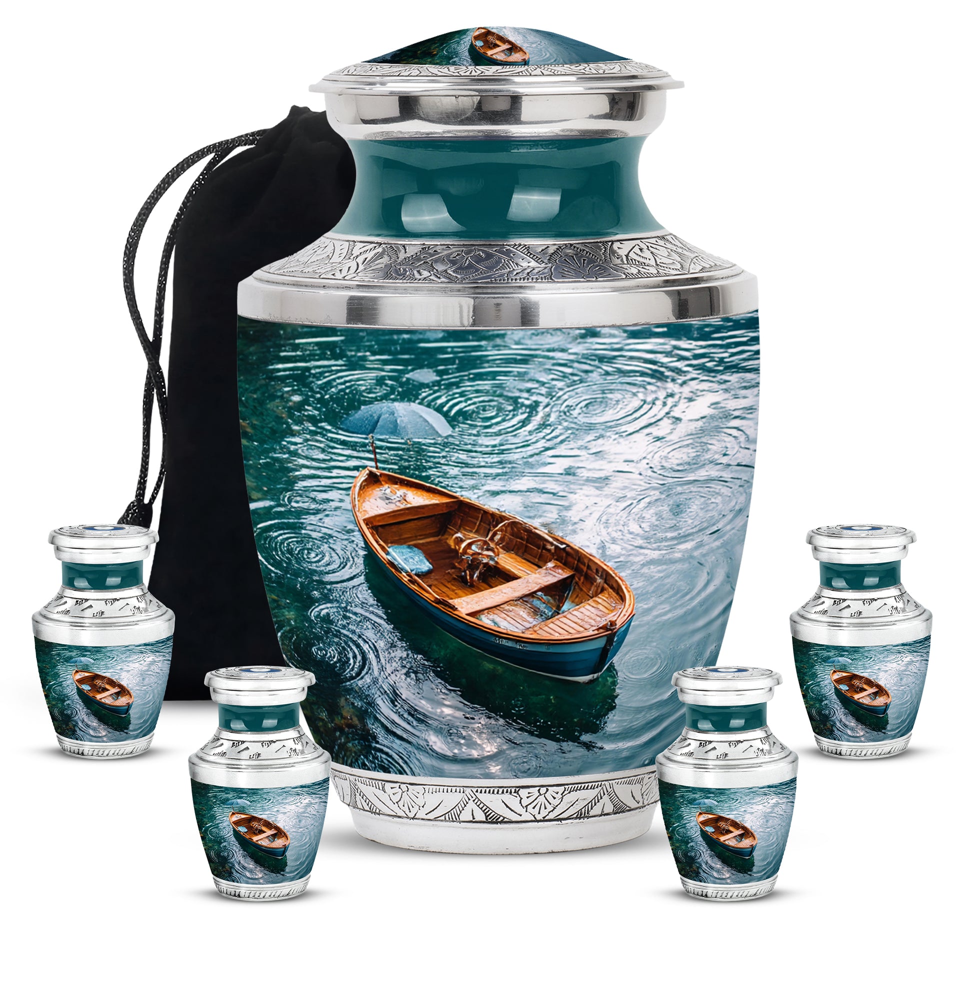 Ocean Teal Boat Cremation Urn lifestyle display on memorial shelf - modern art-inspired boat motif on sleek aluminum - memorial set with one large and four small urns