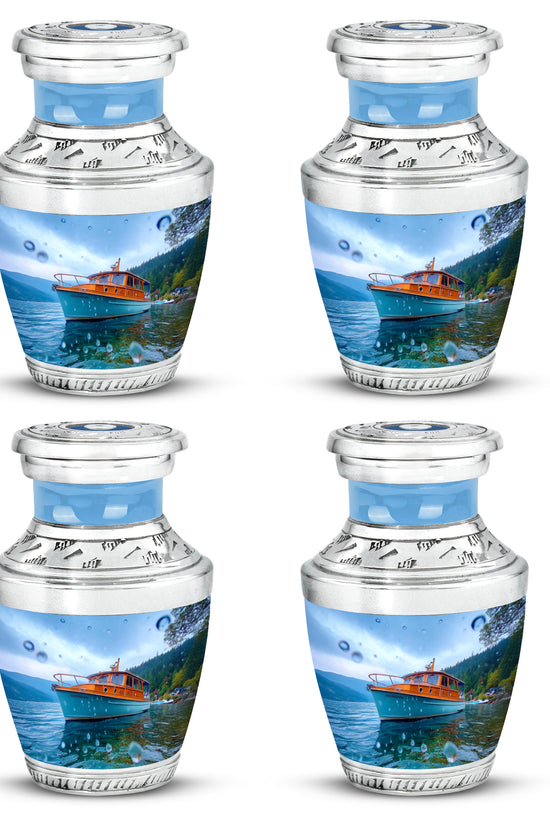 Bright Blue Boat Cremation Urn back view with polished surface - stylized abstract boat pattern with bold lines - 10 inch aluminum urn for cremated remains