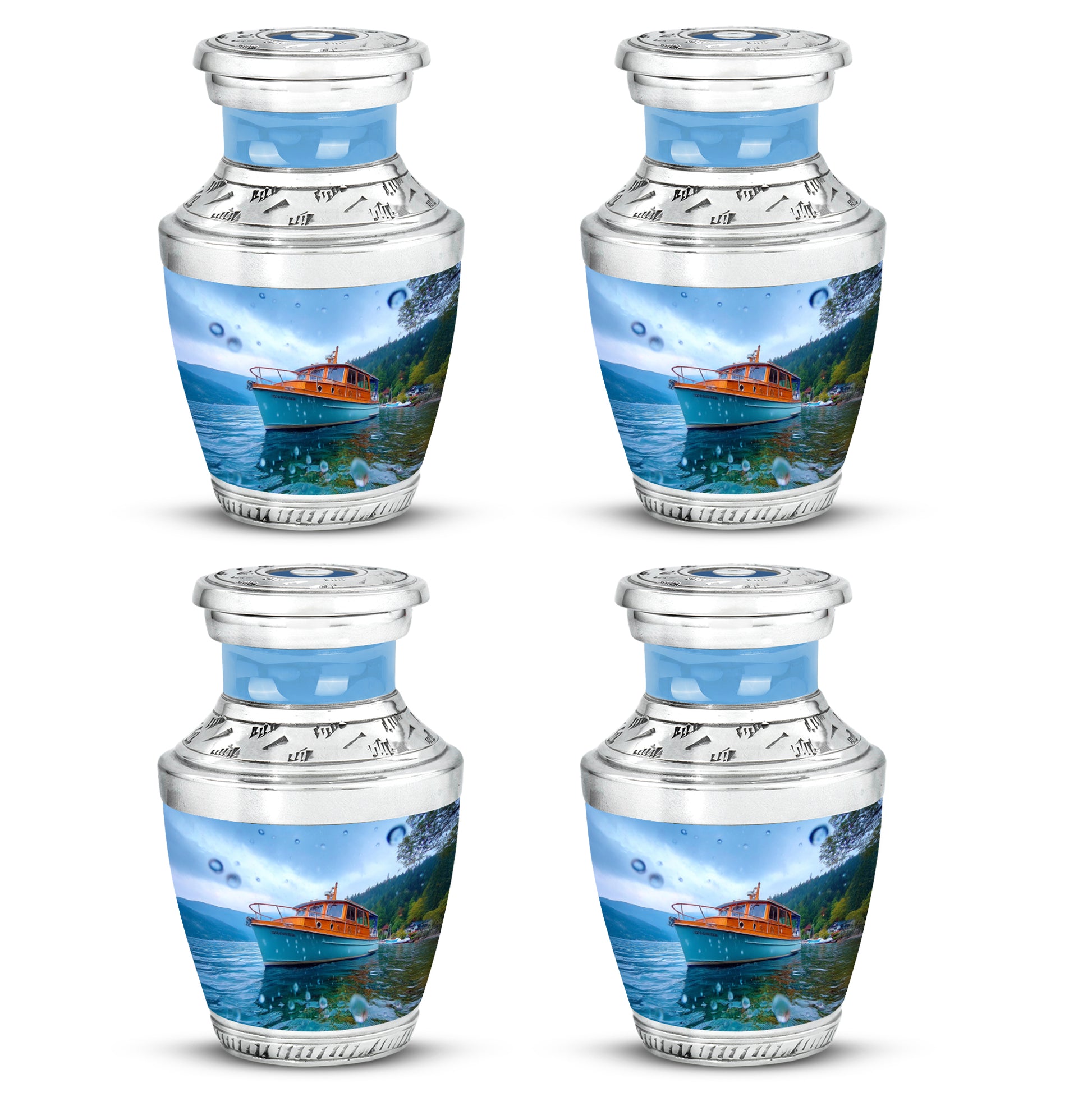Bright Blue Boat Cremation Urn back view with polished surface - stylized abstract boat pattern with bold lines - 10 inch aluminum urn for cremated remains