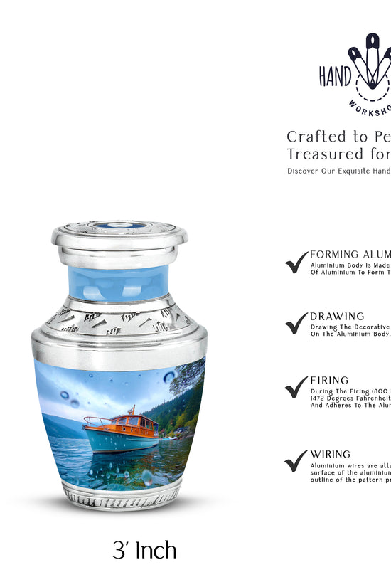 Cobalt Blue Boat Cremation Urn top-down view of secure threaded lid - artistic boat interpretation with creative detail - mini keepsake memorial for portion of cremation ashes