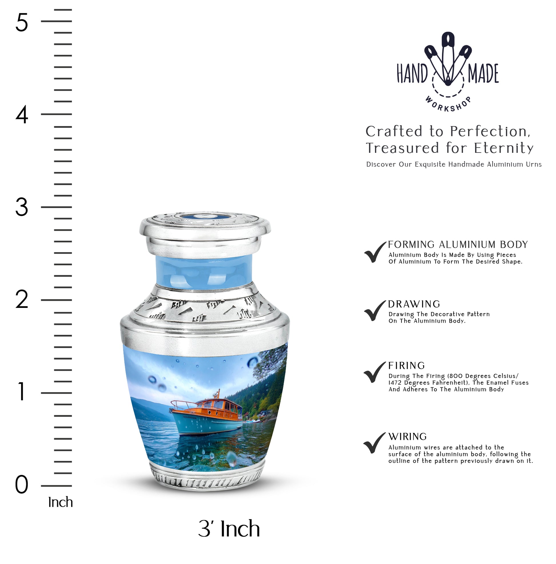 Cobalt Blue Boat Cremation Urn top-down view of secure threaded lid - artistic boat interpretation with creative detail - mini keepsake memorial for portion of cremation ashes