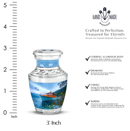 Cobalt Blue Boat Cremation Urn top-down view of secure threaded lid - artistic boat interpretation with creative detail - mini keepsake memorial for portion of cremation ashes