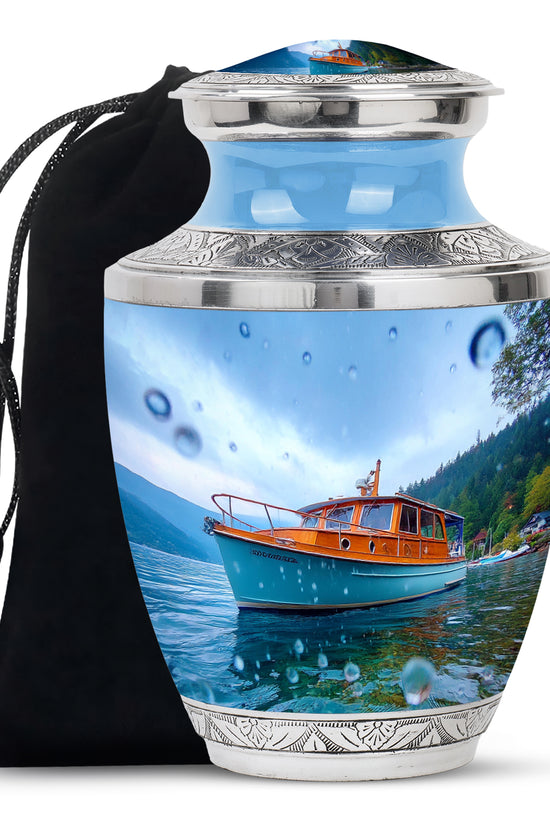 Cobalt Blue Boat Cremation Urn side profile showing urn shape - artistic boat interpretation with creative detail - full-size 10 inch 200 cubic inch adult cremation urn
