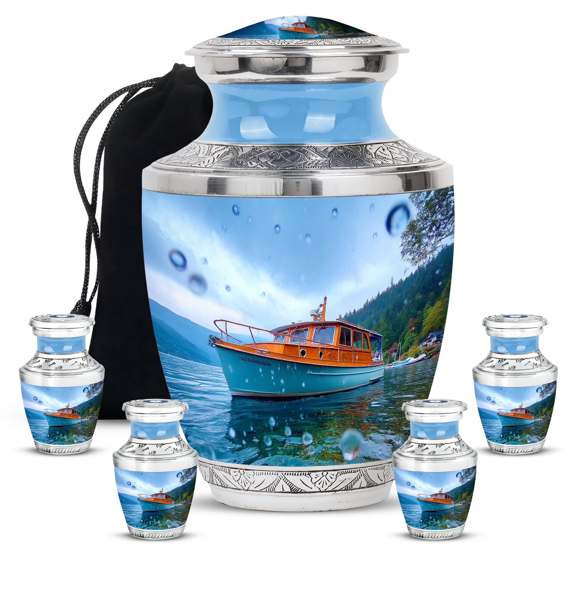 Celestial Blue Boat Cremation Urn lifestyle display on memorial shelf - modern art-inspired boat motif on sleek aluminum - memorial set with one large and four small urns