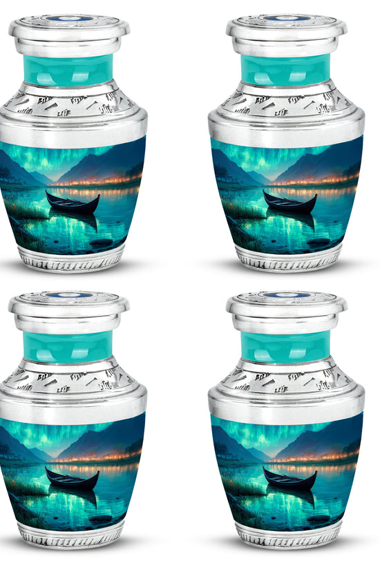 Tropical Teal Boat Cremation Urn back view with polished surface - stylized abstract boat pattern with bold lines - 10 inch aluminum urn for cremated remains