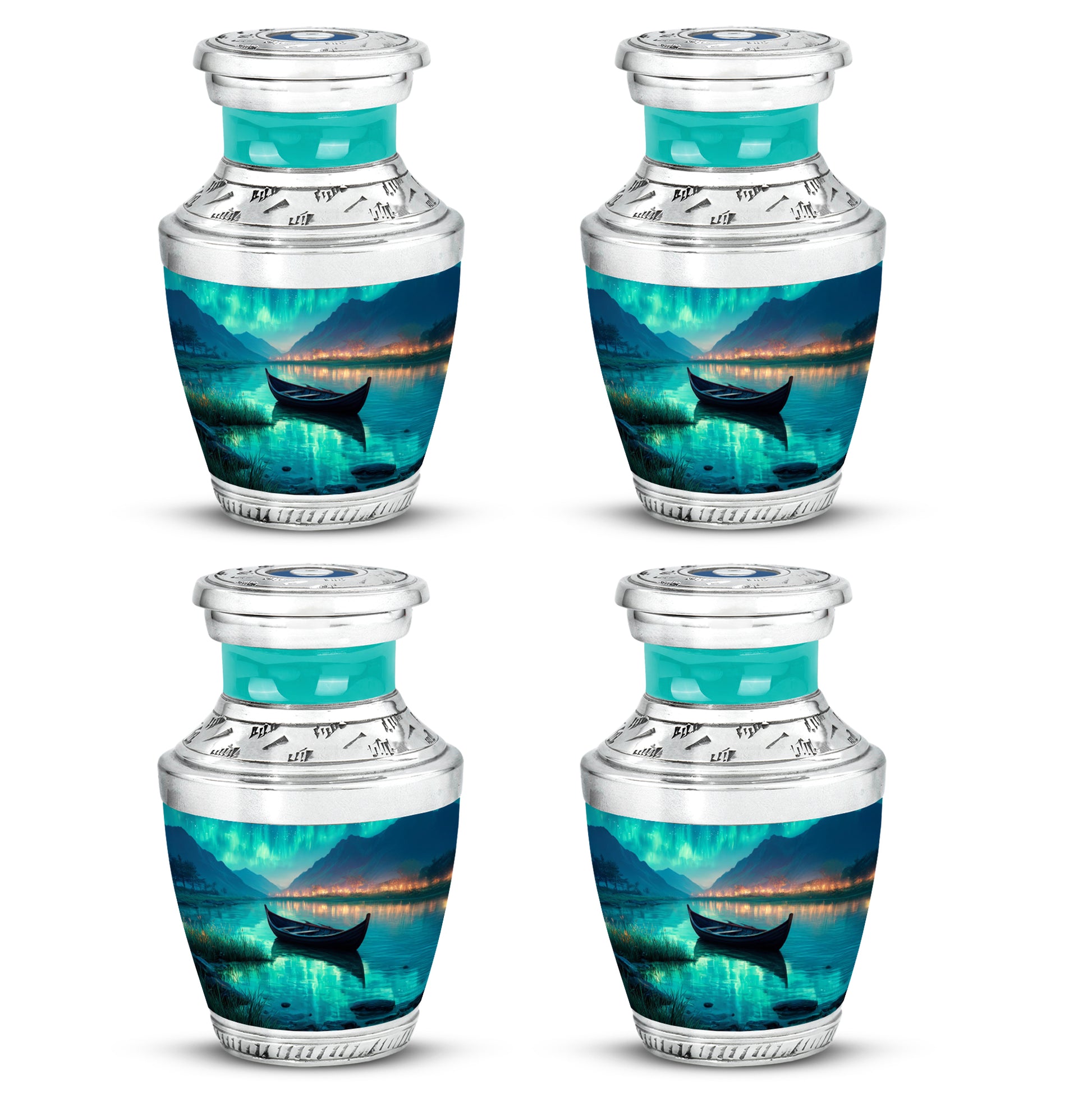Tropical Teal Boat Cremation Urn back view with polished surface - stylized abstract boat pattern with bold lines - 10 inch aluminum urn for cremated remains