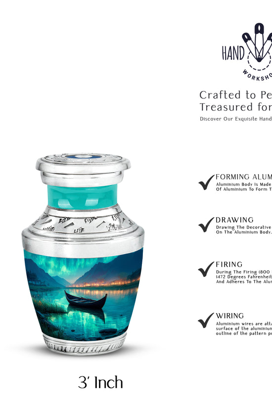 Mystic Teal Boat Cremation Urn top-down view of secure threaded lid - stylized abstract boat pattern with bold lines - mini keepsake memorial for portion of cremation ashes