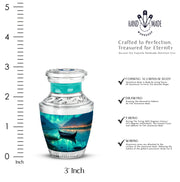 Mystic Teal Boat Cremation Urn top-down view of secure threaded lid - stylized abstract boat pattern with bold lines - mini keepsake memorial for portion of cremation ashes