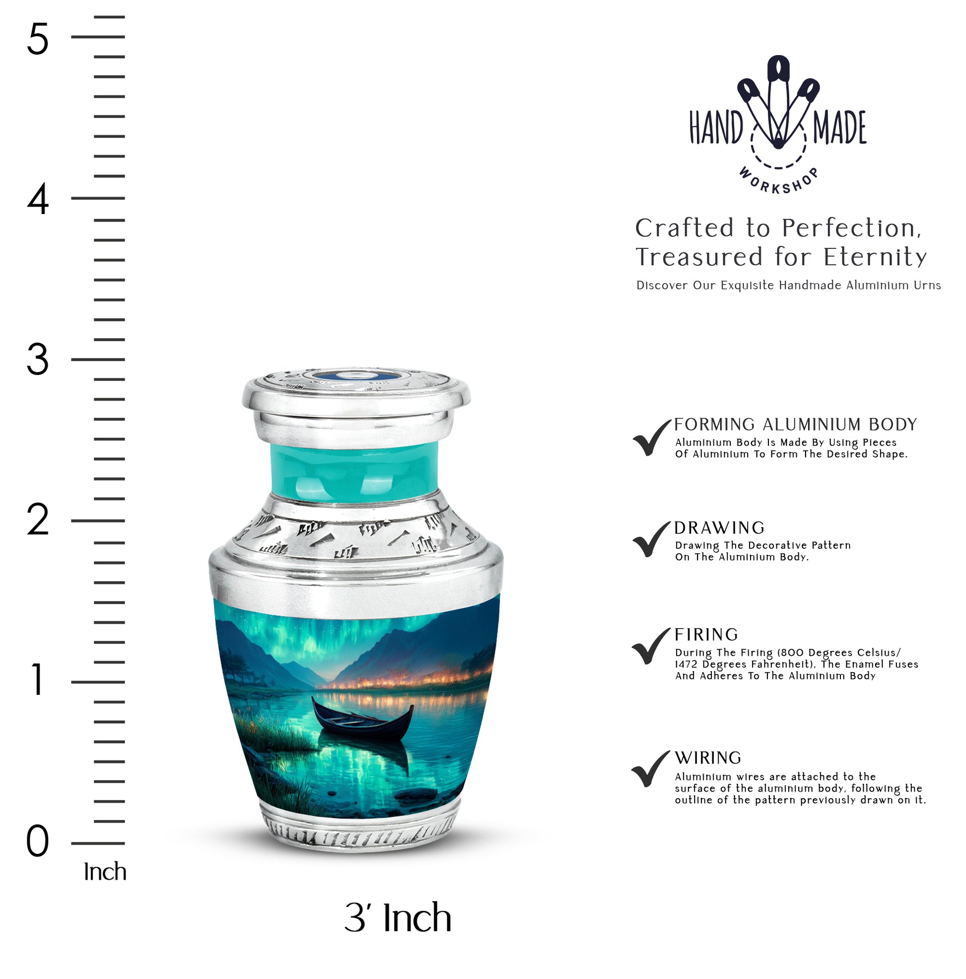 Mystic Teal Boat Cremation Urn top-down view of secure threaded lid - stylized abstract boat pattern with bold lines - mini keepsake memorial for portion of cremation ashes
