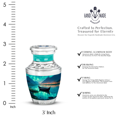 Mystic Teal Boat Cremation Urn top-down view of secure threaded lid - stylized abstract boat pattern with bold lines - mini keepsake memorial for portion of cremation ashes