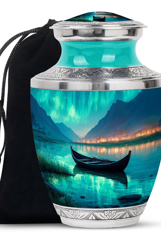 Soft Teal Boat Cremation Urn side profile showing urn shape - contemporary boat design with modern artistic flair - full-size 10 inch 200 cubic inch adult cremation urn