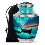 Soft Teal Boat Cremation Urn side profile showing urn shape - contemporary boat design with modern artistic flair - full-size 10 inch 200 cubic inch adult cremation urn