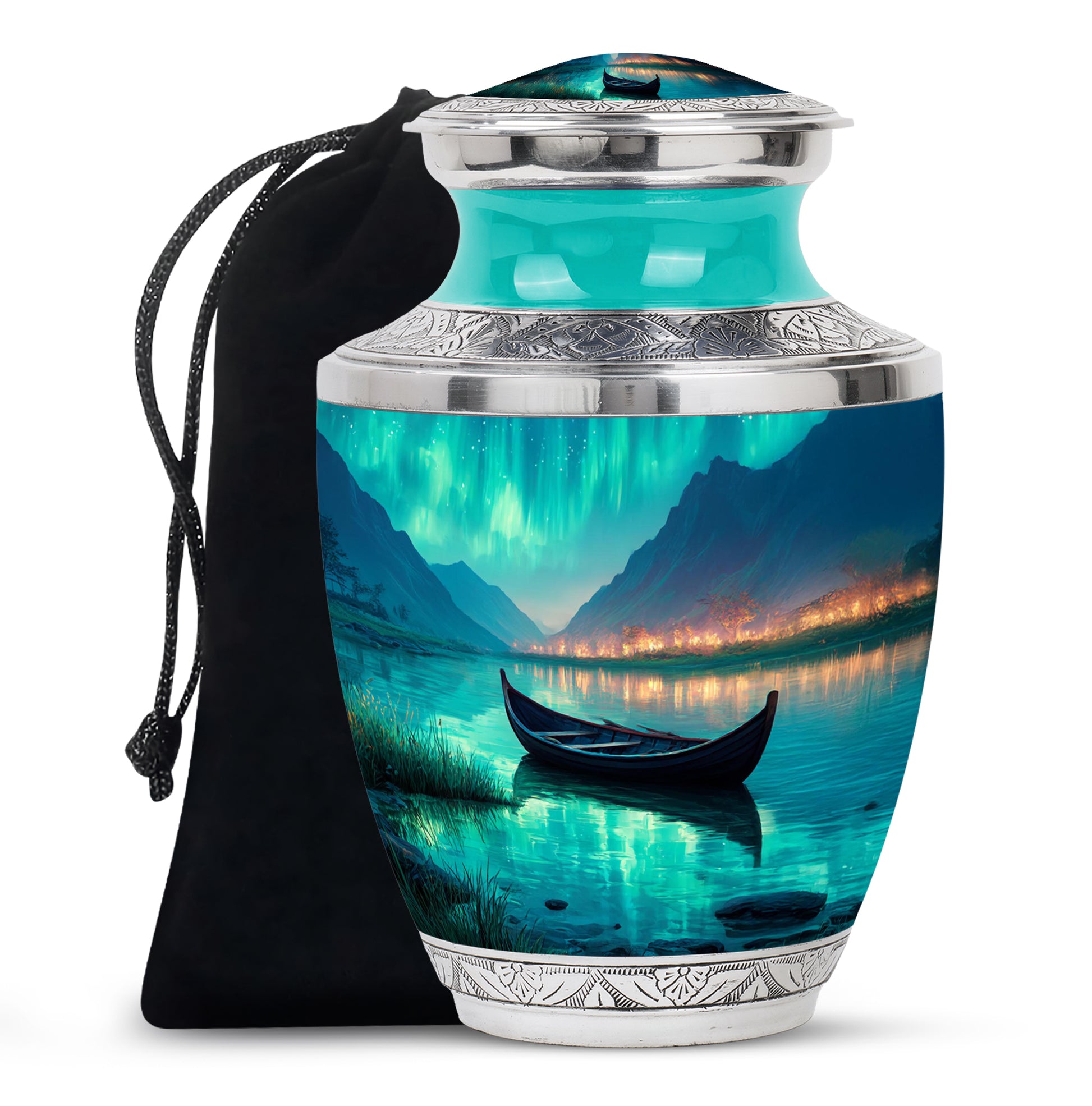 Soft Teal Boat Cremation Urn side profile showing urn shape - contemporary boat design with modern artistic flair - full-size 10 inch 200 cubic inch adult cremation urn