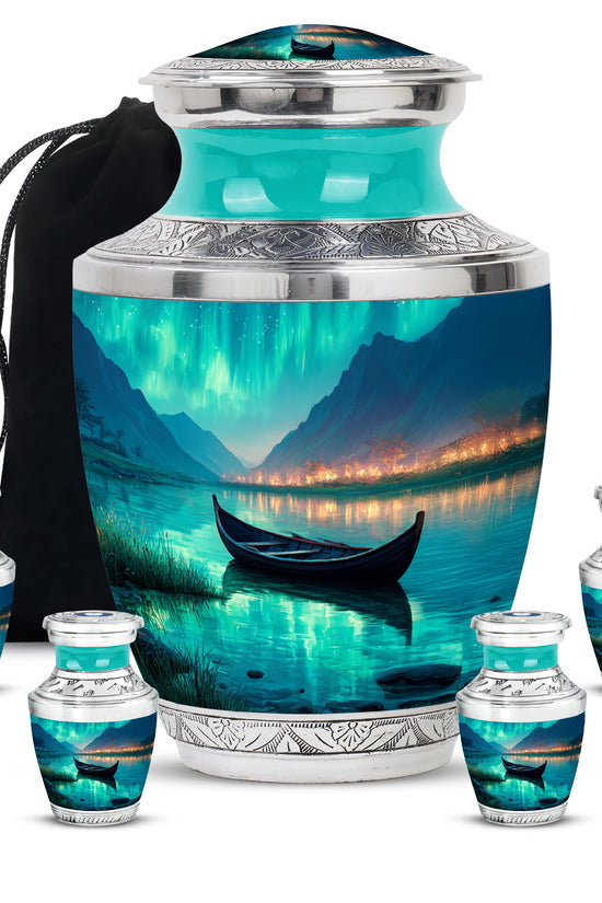 Aqua Teal Boat Cremation Urn lifestyle display on memorial shelf - artistic boat interpretation with creative detail - memorial set with one large and four small urns