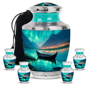 Aqua Teal Boat Cremation Urn lifestyle display on memorial shelf - artistic boat interpretation with creative detail - memorial set with one large and four small urns