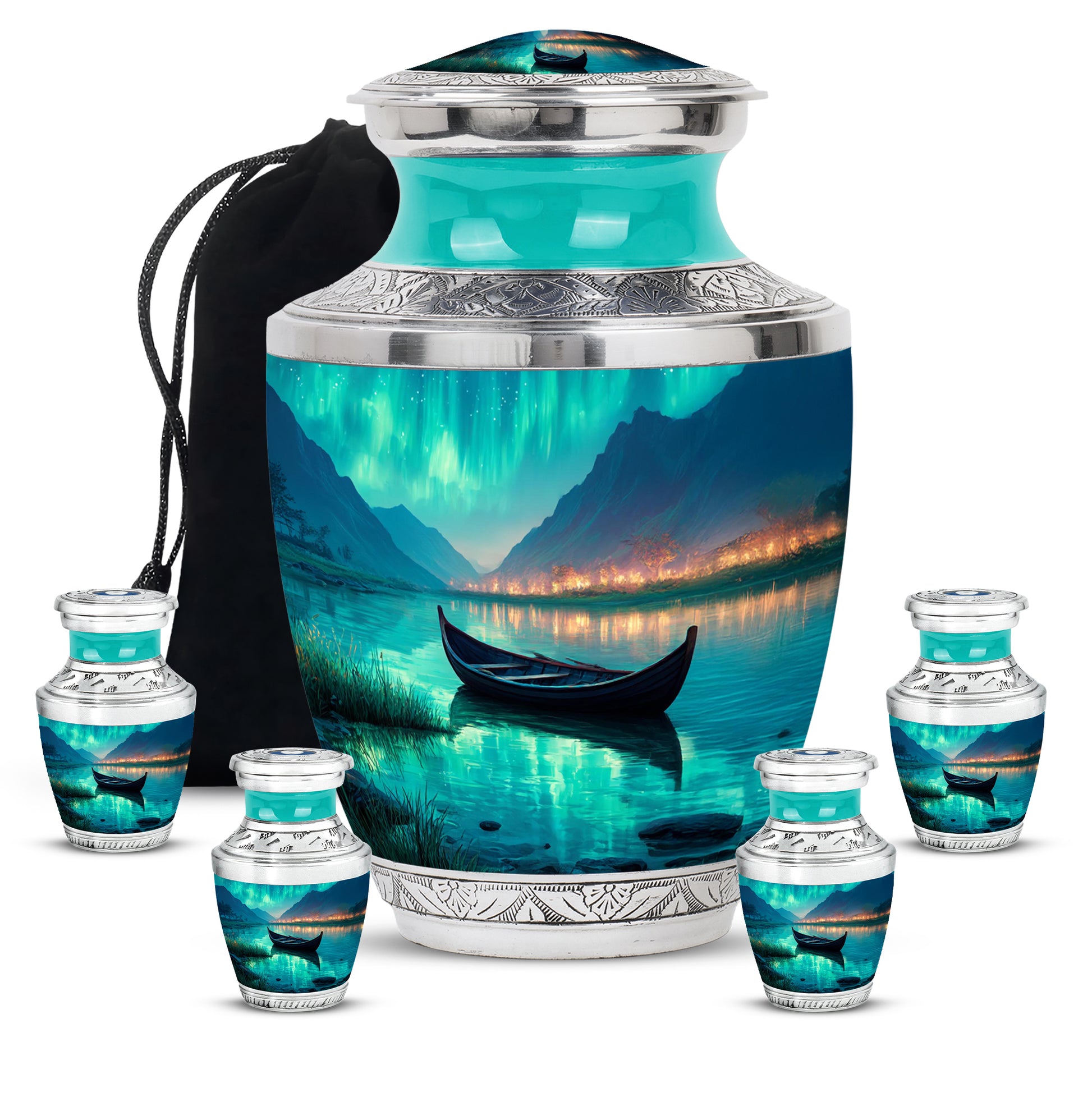 Aqua Teal Boat Cremation Urn lifestyle display on memorial shelf - artistic boat interpretation with creative detail - memorial set with one large and four small urns
